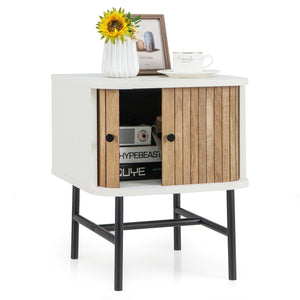 Mid-century Modern Nightstand with Sliding Doors and Storage Cabinet-White view 4