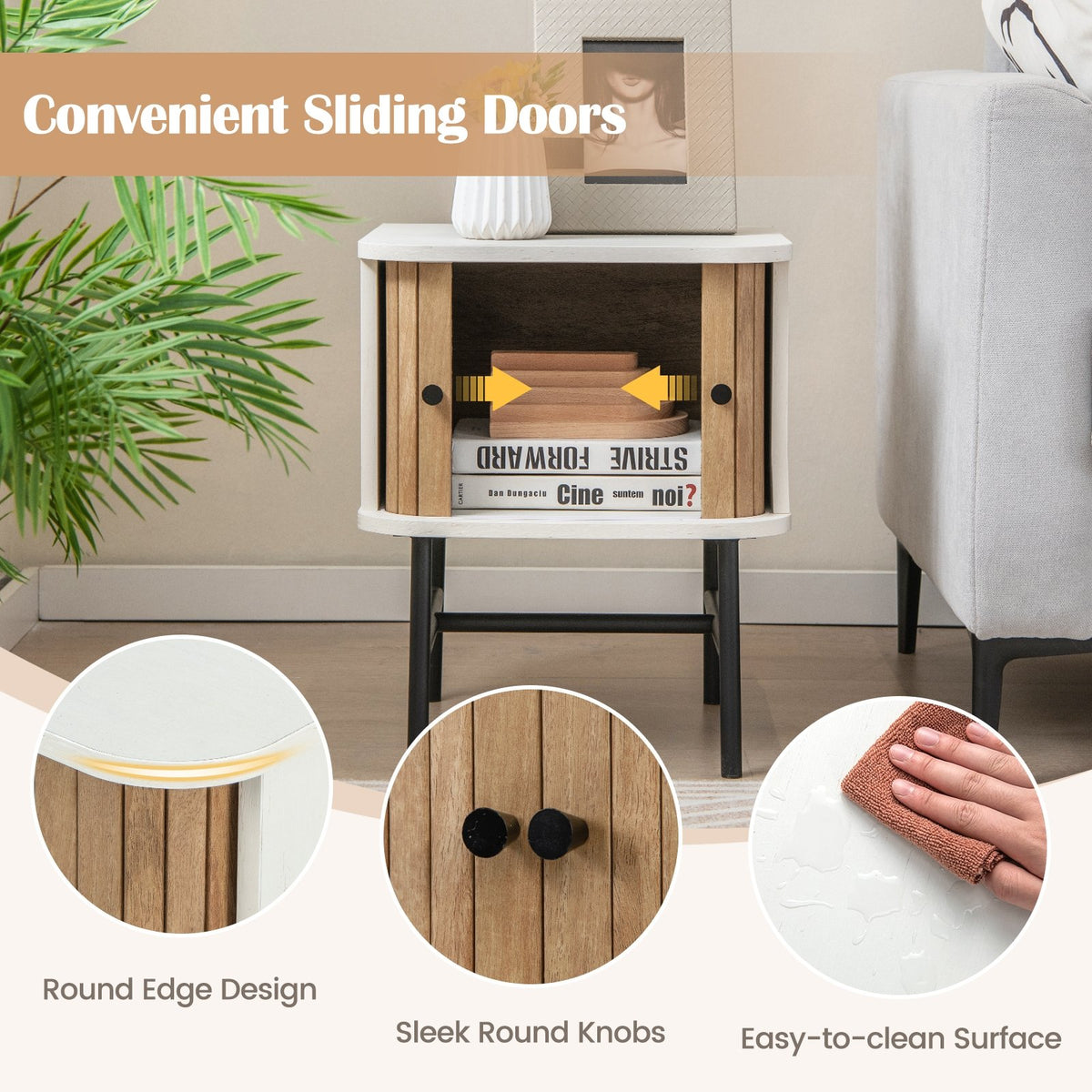 Mid-century Modern Nightstand with Sliding Doors and Storage Cabinet-White view 6