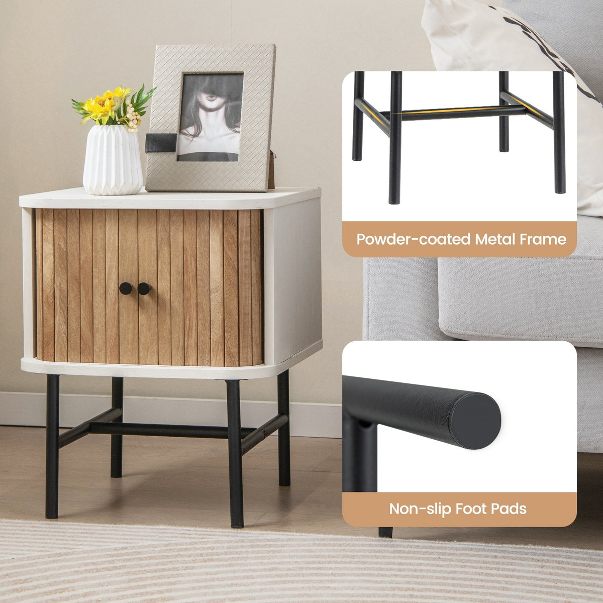 Mid-century Modern Nightstand with Sliding Doors and Storage Cabinet-White view 7