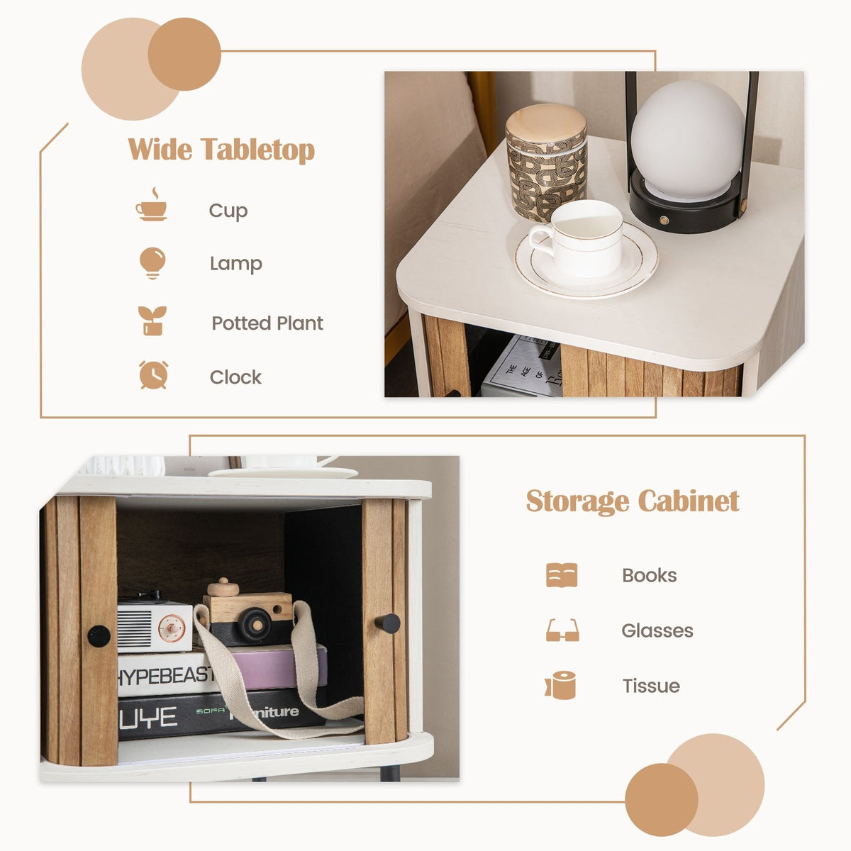 Mid-century Modern Nightstand with Sliding Doors and Storage Cabinet-White view 8