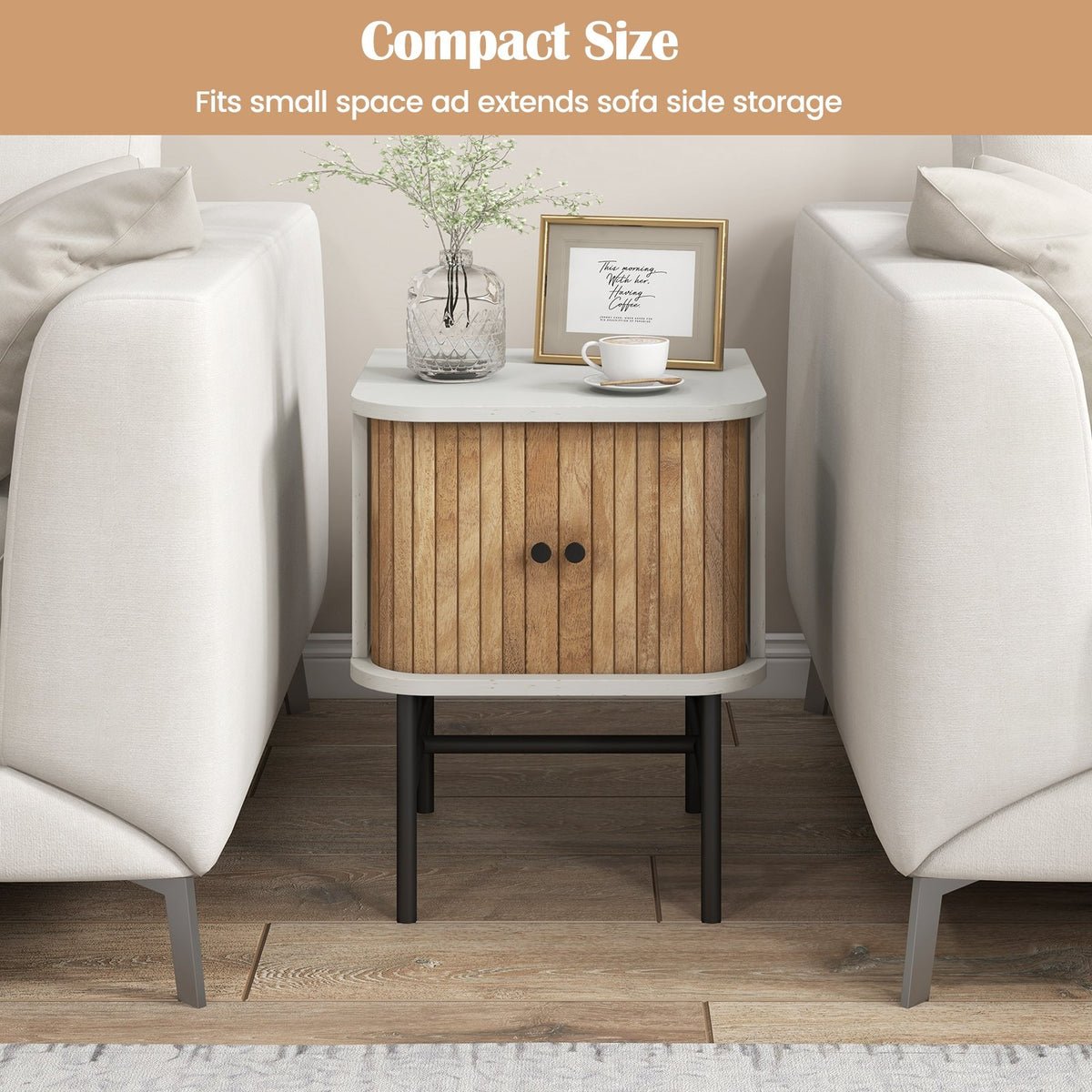 Mid-century Modern Nightstand with Sliding Doors and Storage Cabinet-White view 9