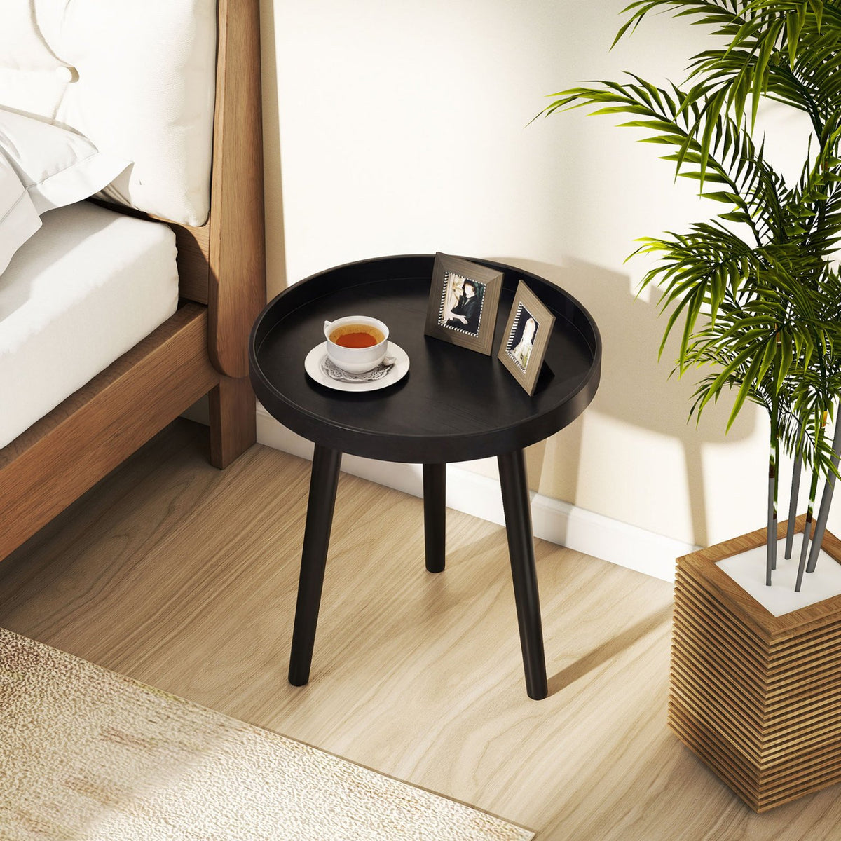Mid Century Modern Round Side Sofa Coffee Table with Wooden Tray-Black view 3