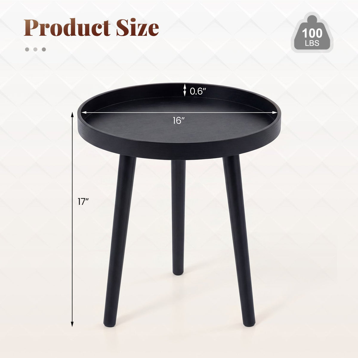 Mid Century Modern Round Side Sofa Coffee Table with Wooden Tray-Black view 5