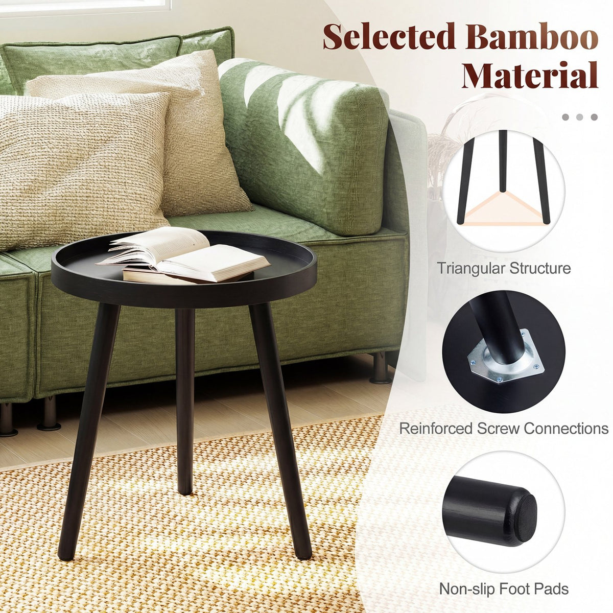 Mid Century Modern Round Side Sofa Coffee Table with Wooden Tray-Black view 7