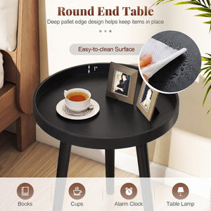 Mid Century Modern Round Side Sofa Coffee Table with Wooden Tray-Black view 8