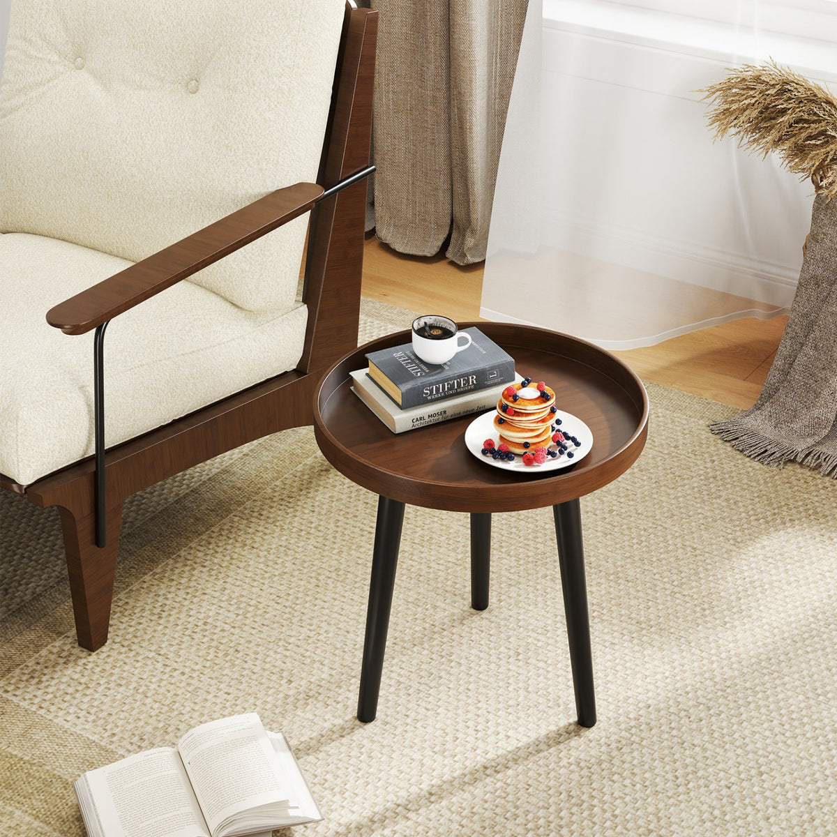 Mid Century Modern Round Side Sofa Coffee Table with Wooden Tray-Brown view 2