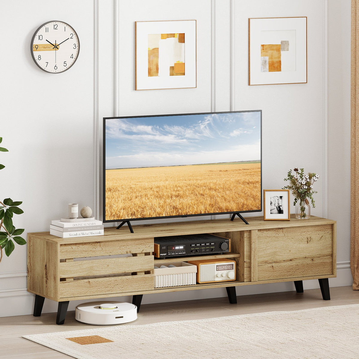 Mid Century Modern TV Stand for 80 Inch TVs with Sliding Door Cabinets and Storage Shelves-Oak view 2