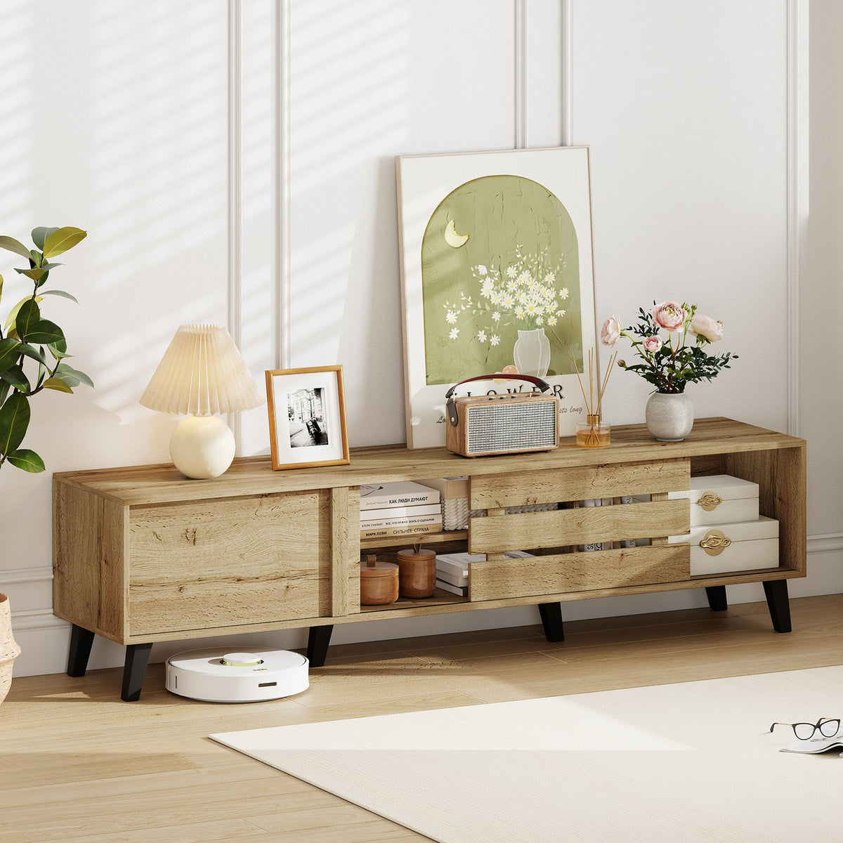Mid Century Modern TV Stand for 80 Inch TVs with Sliding Door Cabinets and Storage Shelves-Oak view 3