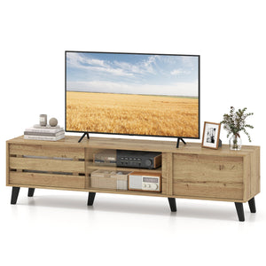 Mid Century Modern TV Stand for 80 Inch TVs with Sliding Door Cabinets and Storage Shelves-Oak view 4