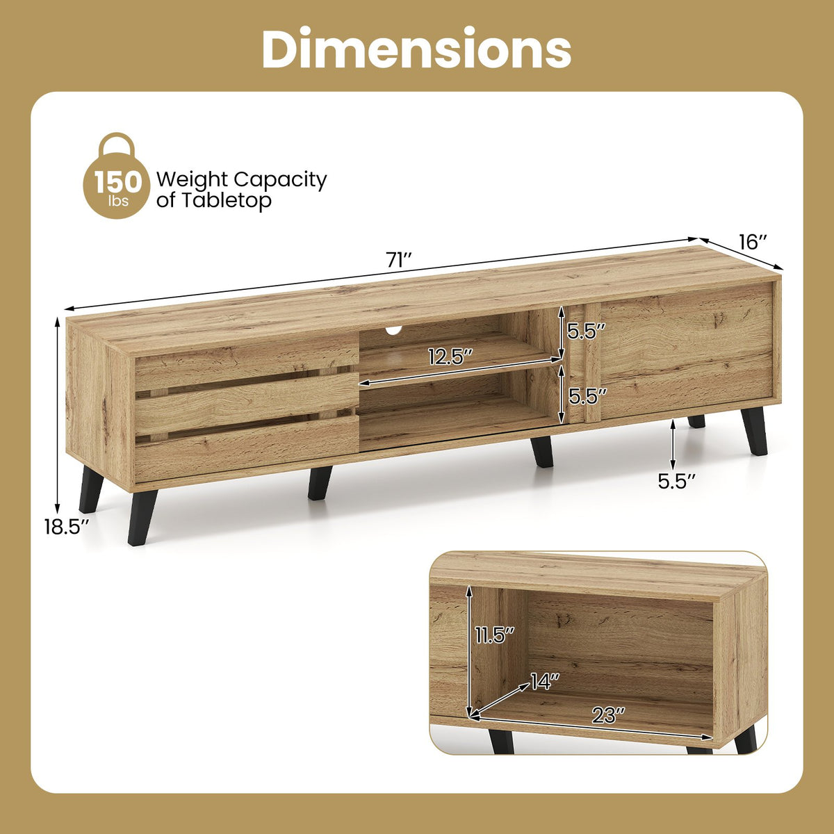 Mid Century Modern TV Stand for 80 Inch TVs with Sliding Door Cabinets and Storage Shelves-Oak view 5