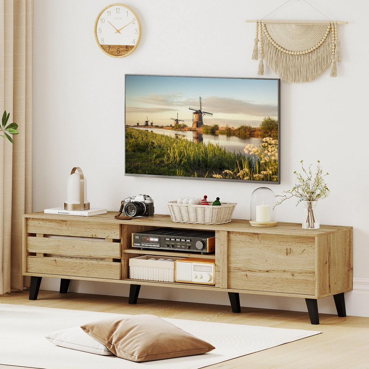 Mid Century Modern TV Stand for 80 Inch TVs with Sliding Door Cabinets and Storage Shelves-Oak view 6