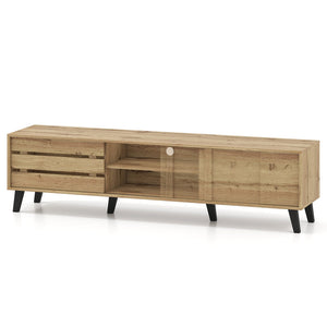 Mid Century Modern TV Stand for 80 Inch TVs with Sliding Door Cabinets and Storage Shelves-Oak view 7