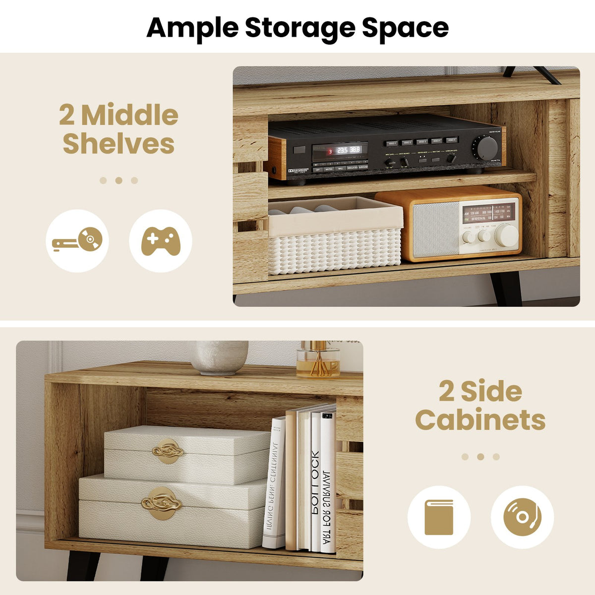 Mid Century Modern TV Stand for 80 Inch TVs with Sliding Door Cabinets and Storage Shelves-Oak view 8