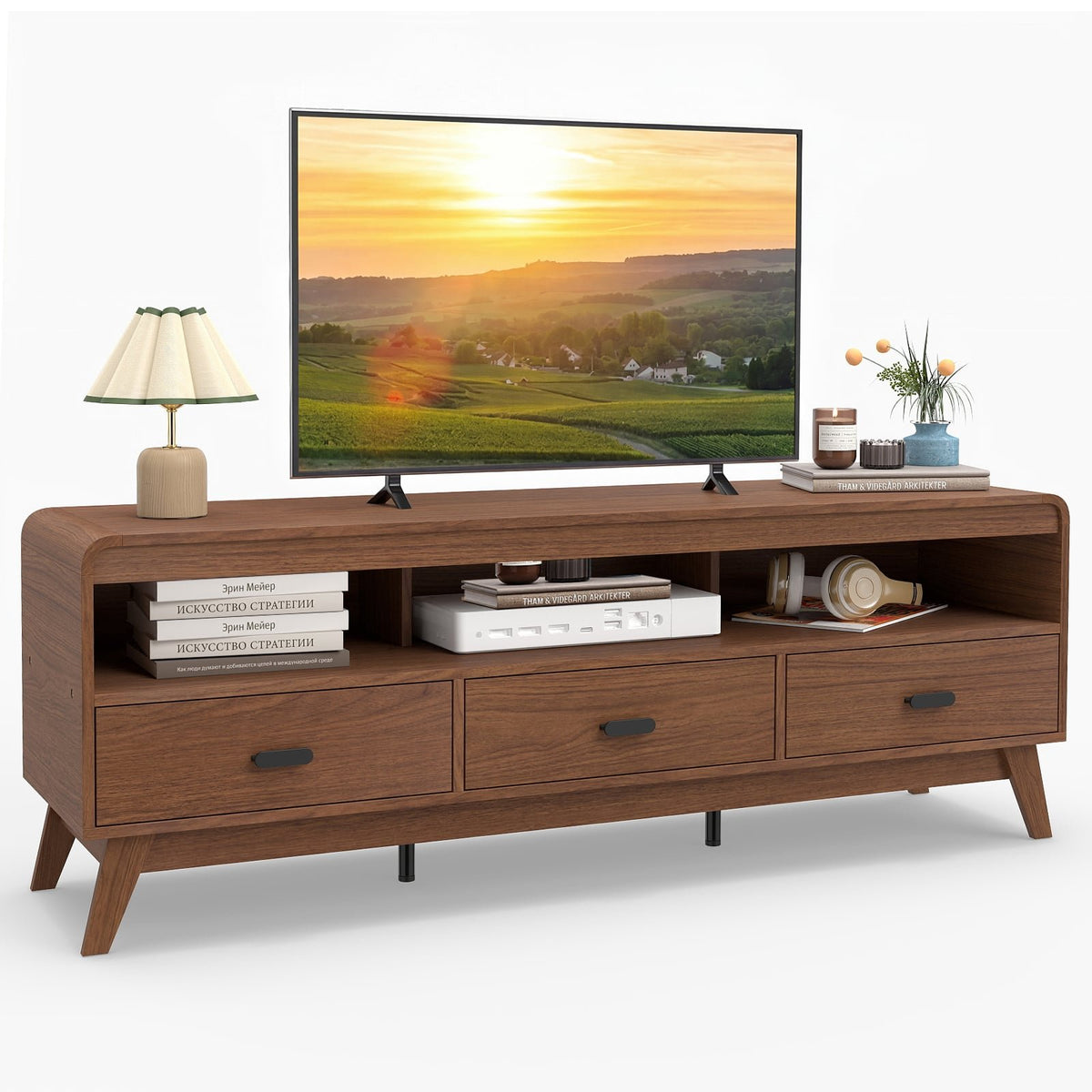 Mid Century Modern TV Stand for TVs up to 70 inches with 3 Storage Drawers and Open Shelves-Walnut