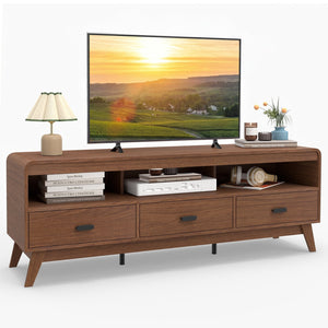 Mid Century Modern TV Stand for TVs up to 70 inches with 3 Storage Drawers and Open Shelves-Walnut