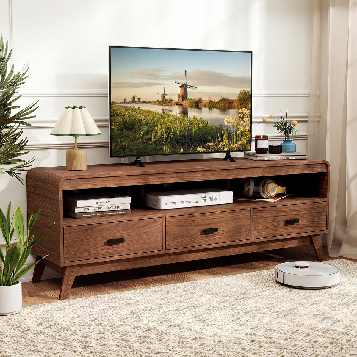 Mid Century Modern TV Stand for TVs up to 70 inches with 3 Storage Drawers and Open Shelves-Walnut view 2