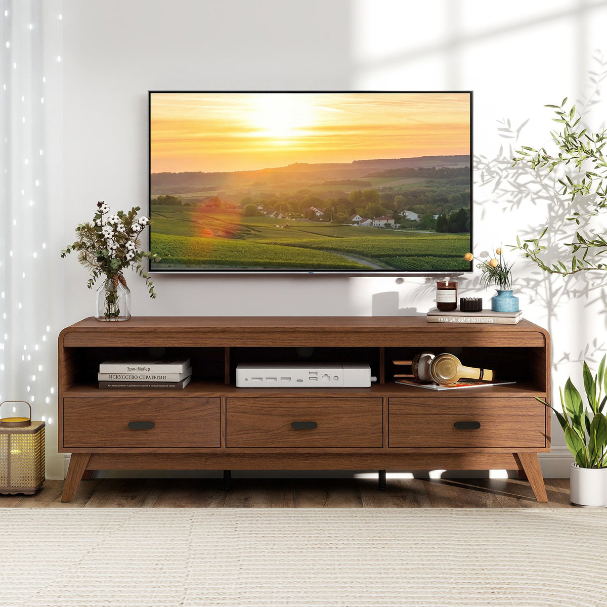 Mid Century Modern TV Stand for TVs up to 70 inches with 3 Storage Drawers and Open Shelves-Walnut view 3