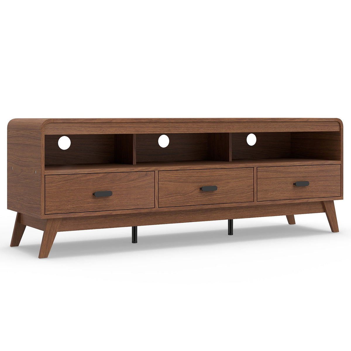 Mid Century Modern TV Stand for TVs up to 70 inches with 3 Storage Drawers and Open Shelves-Walnut view 4