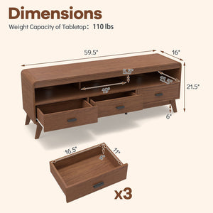 Mid Century Modern TV Stand for TVs up to 70 inches with 3 Storage Drawers and Open Shelves-Walnut view 5