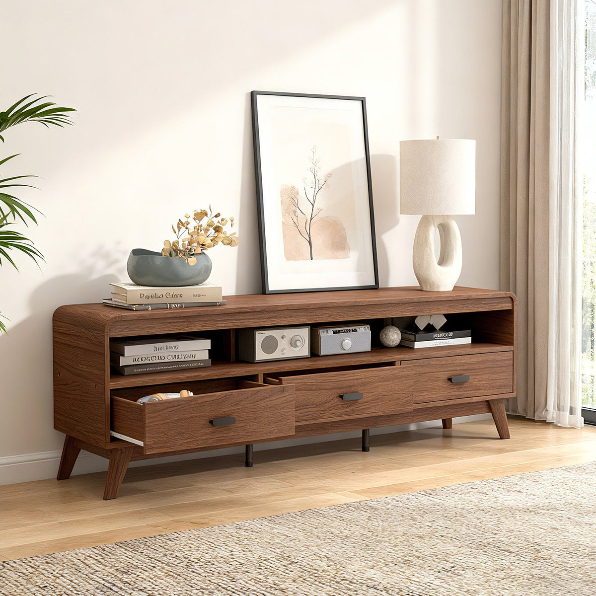 Mid Century Modern TV Stand for TVs up to 70 inches with 3 Storage Drawers and Open Shelves-Walnut view 6