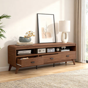 Mid Century Modern TV Stand for TVs up to 70 inches with 3 Storage Drawers and Open Shelves-Walnut view 6