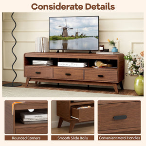 Mid Century Modern TV Stand for TVs up to 70 inches with 3 Storage Drawers and Open Shelves-Walnut view 7