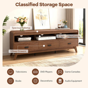 Mid Century Modern TV Stand for TVs up to 70 inches with 3 Storage Drawers and Open Shelves-Walnut view 8