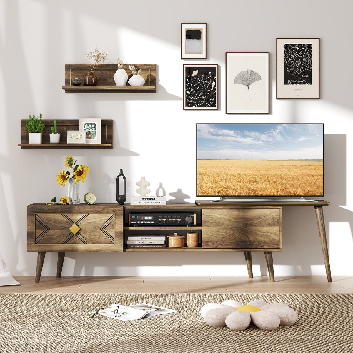 Mid-century Modern TV Stand for TVs up to 85 Inch with Open Compartments-Walnut view 2