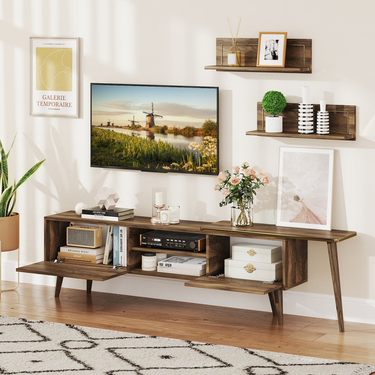 Mid-century Modern TV Stand for TVs up to 85 Inch with Open Compartments-Walnut view 3