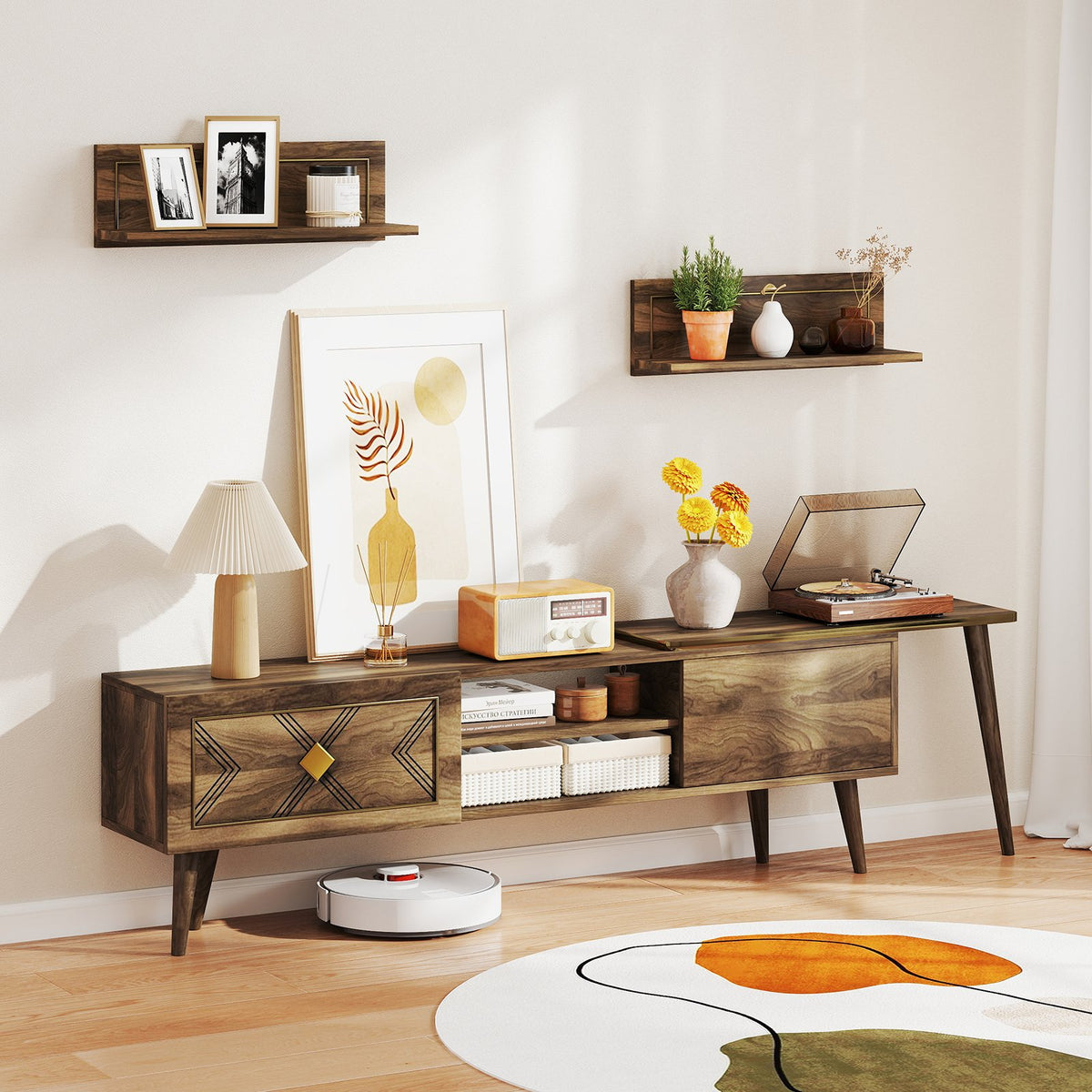 Mid-century Modern TV Stand for TVs up to 85 Inch with Open Compartments-Walnut view 6