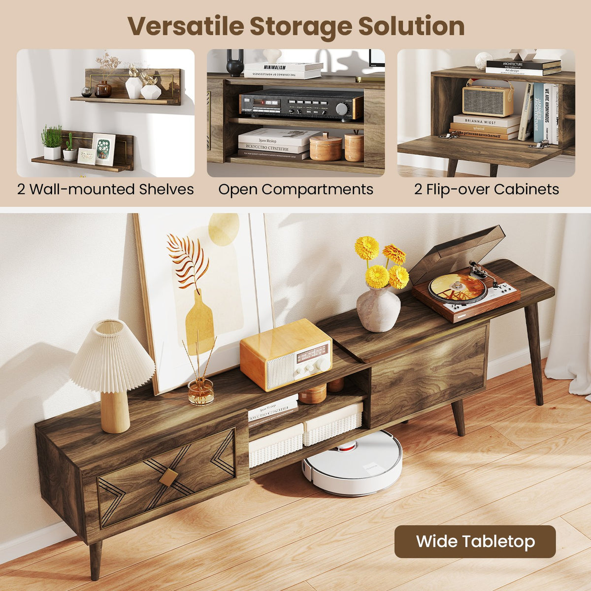 Mid-century Modern TV Stand for TVs up to 85 Inch with Open Compartments-Walnut view 7