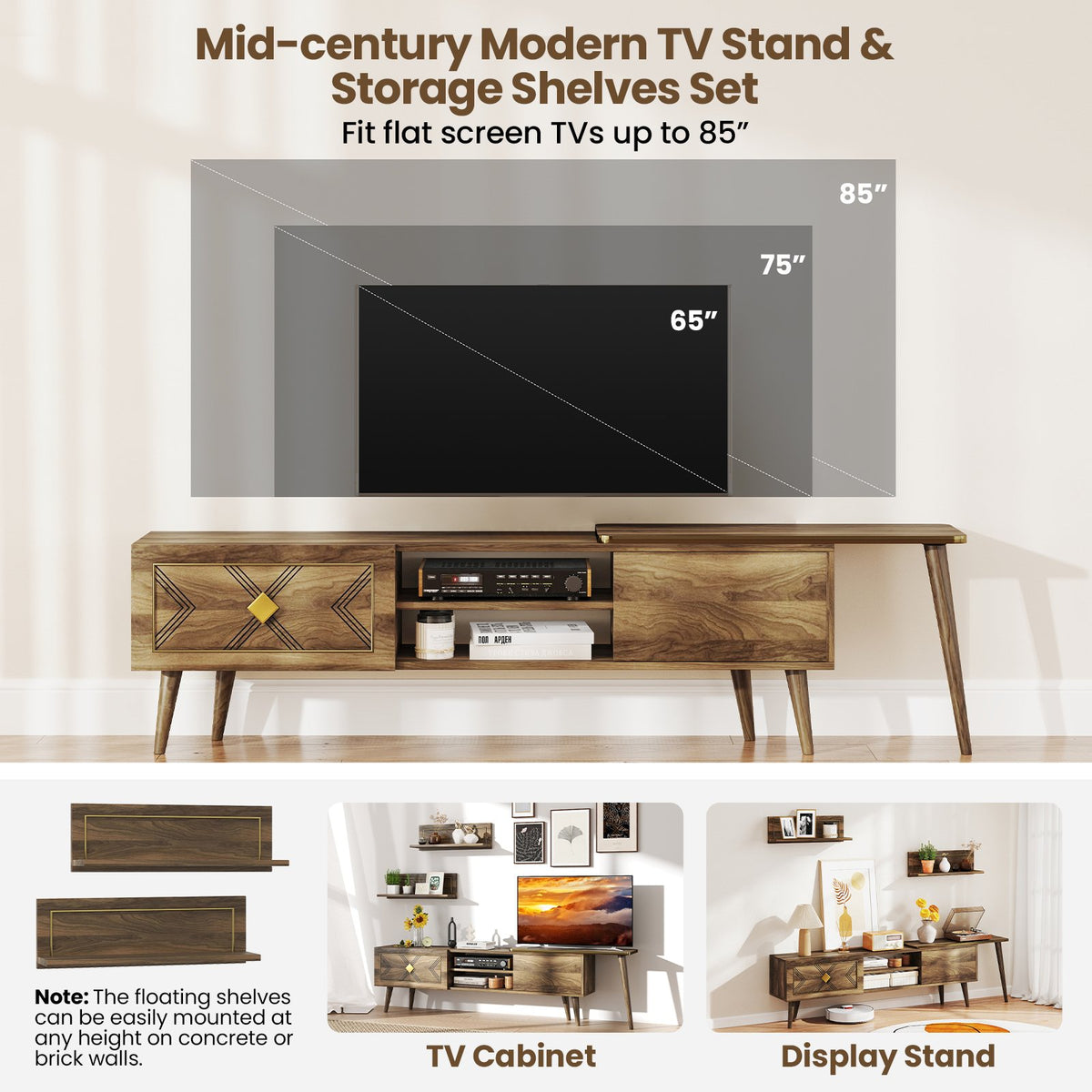 Mid-century Modern TV Stand for TVs up to 85 Inch with Open Compartments-Walnut view 9
