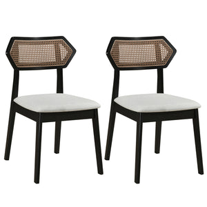 Mid Century Rattan Dining Chairs Set of 2 with Rattan Back and Solid Wood Frame-Black