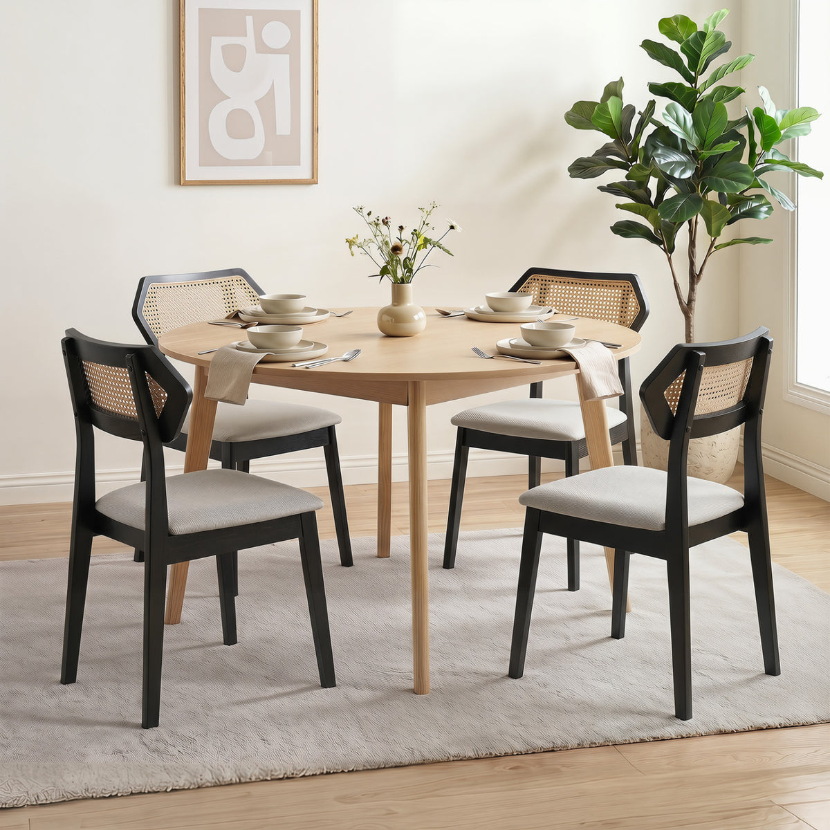 Mid Century Rattan Dining Chairs Set of 2 with Rattan Back and Solid Wood Frame-Black view 3