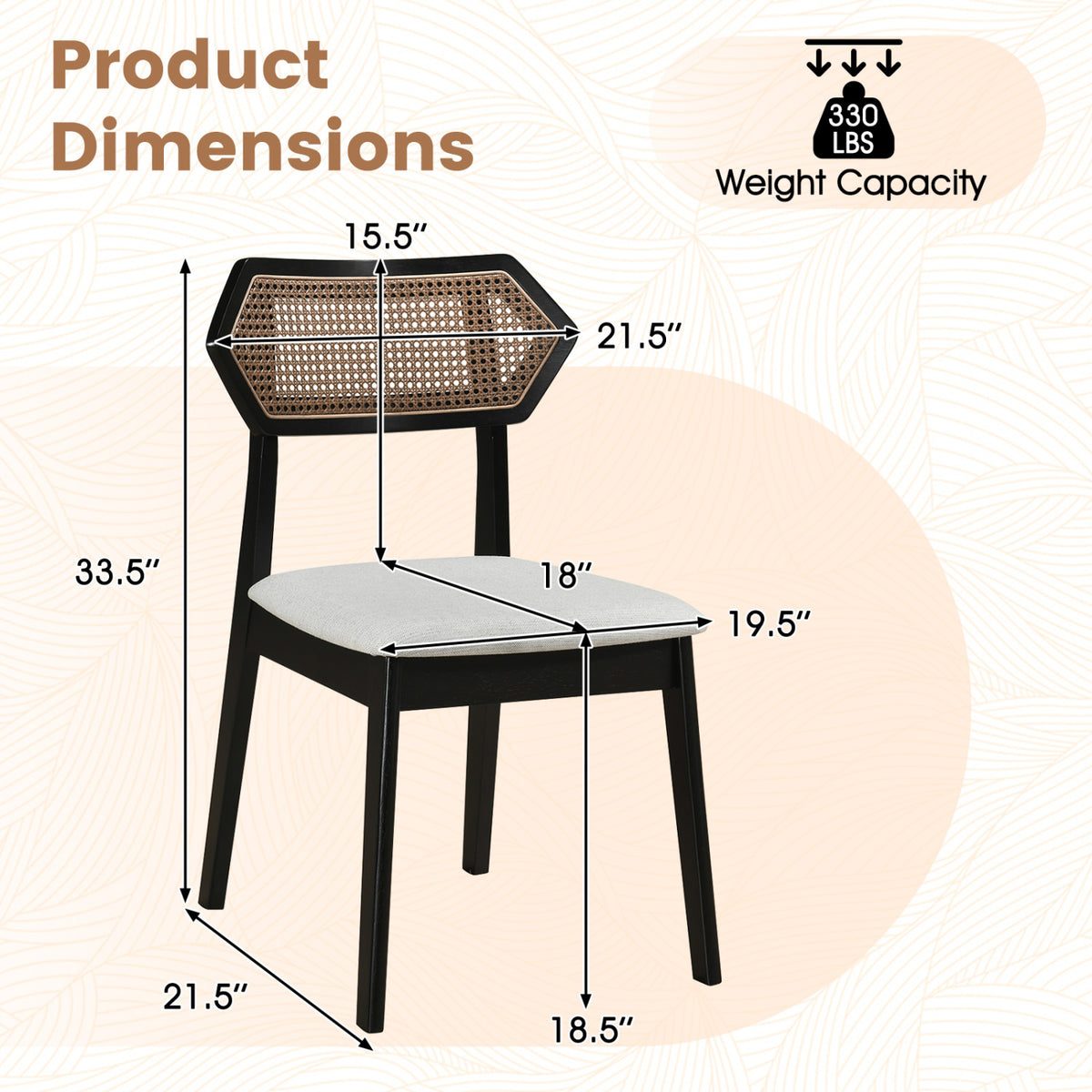 Mid Century Rattan Dining Chairs Set of 2 with Rattan Back and Solid Wood Frame-Black view 4