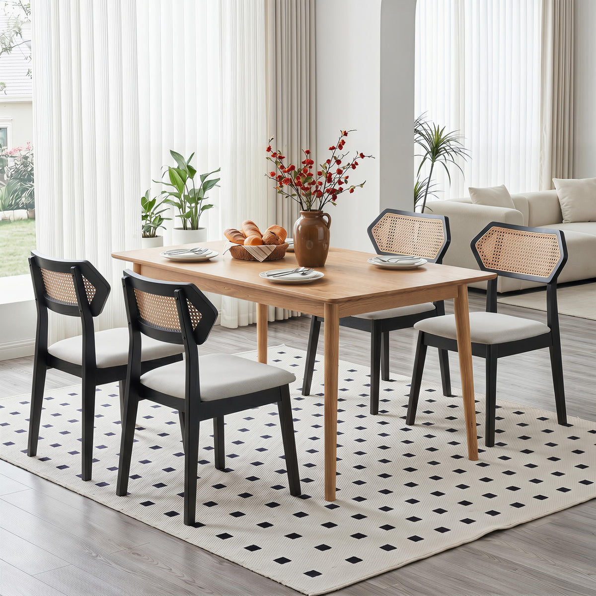 Mid Century Rattan Dining Chairs Set of 2 with Rattan Back and Solid Wood Frame-Black view 5