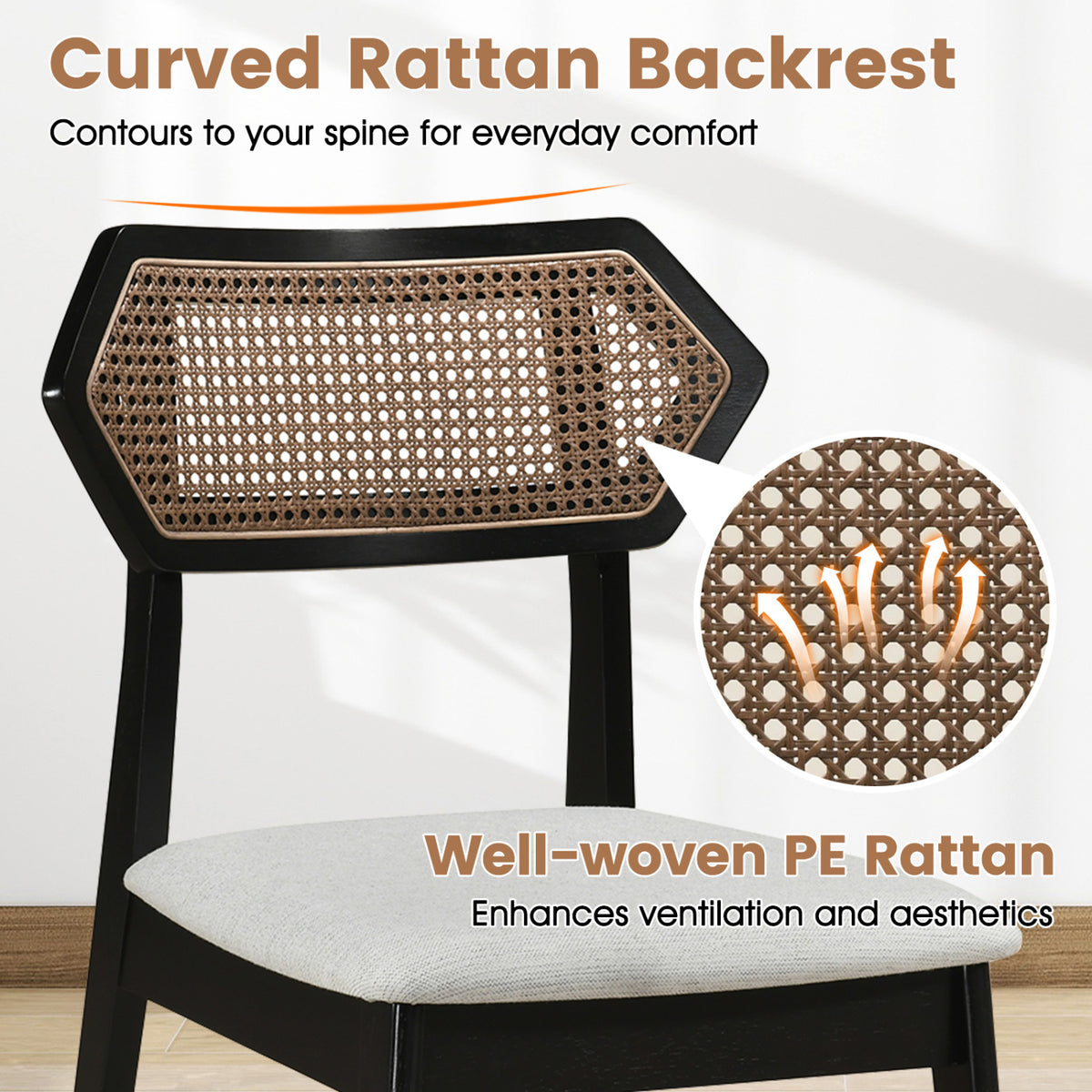Mid Century Rattan Dining Chairs Set of 2 with Rattan Back and Solid Wood Frame-Black view 6