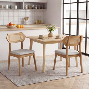Mid Century Rattan Dining Chairs Set of 2 with Rattan Back and Solid Wood Frame-Natural view 2