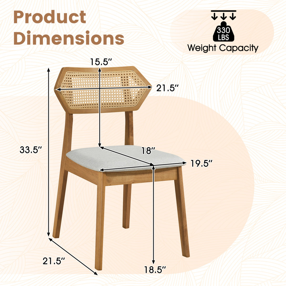 Mid Century Rattan Dining Chairs Set of 2 with Rattan Back and Solid Wood Frame-Natural view 4