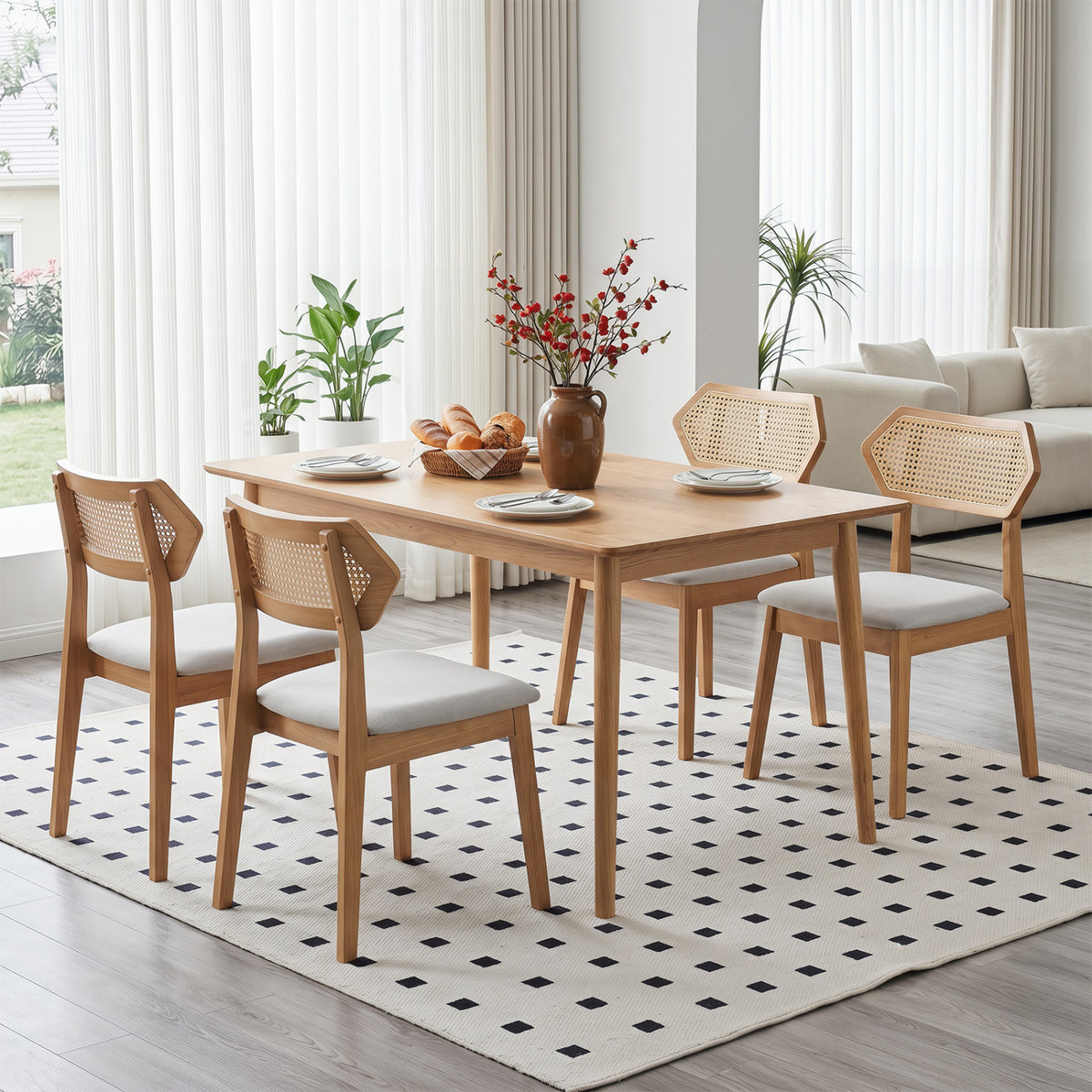 Mid Century Rattan Dining Chairs Set of 2 with Rattan Back and Solid Wood Frame-Natural view 5