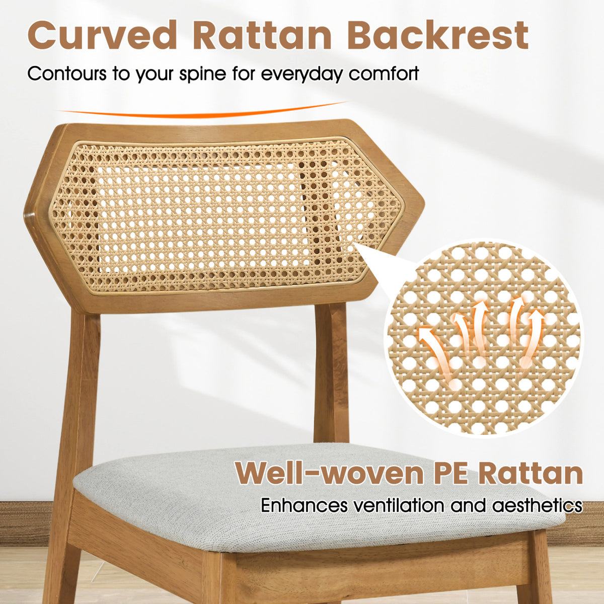 Mid Century Rattan Dining Chairs Set of 2 with Rattan Back and Solid Wood Frame-Natural view 6