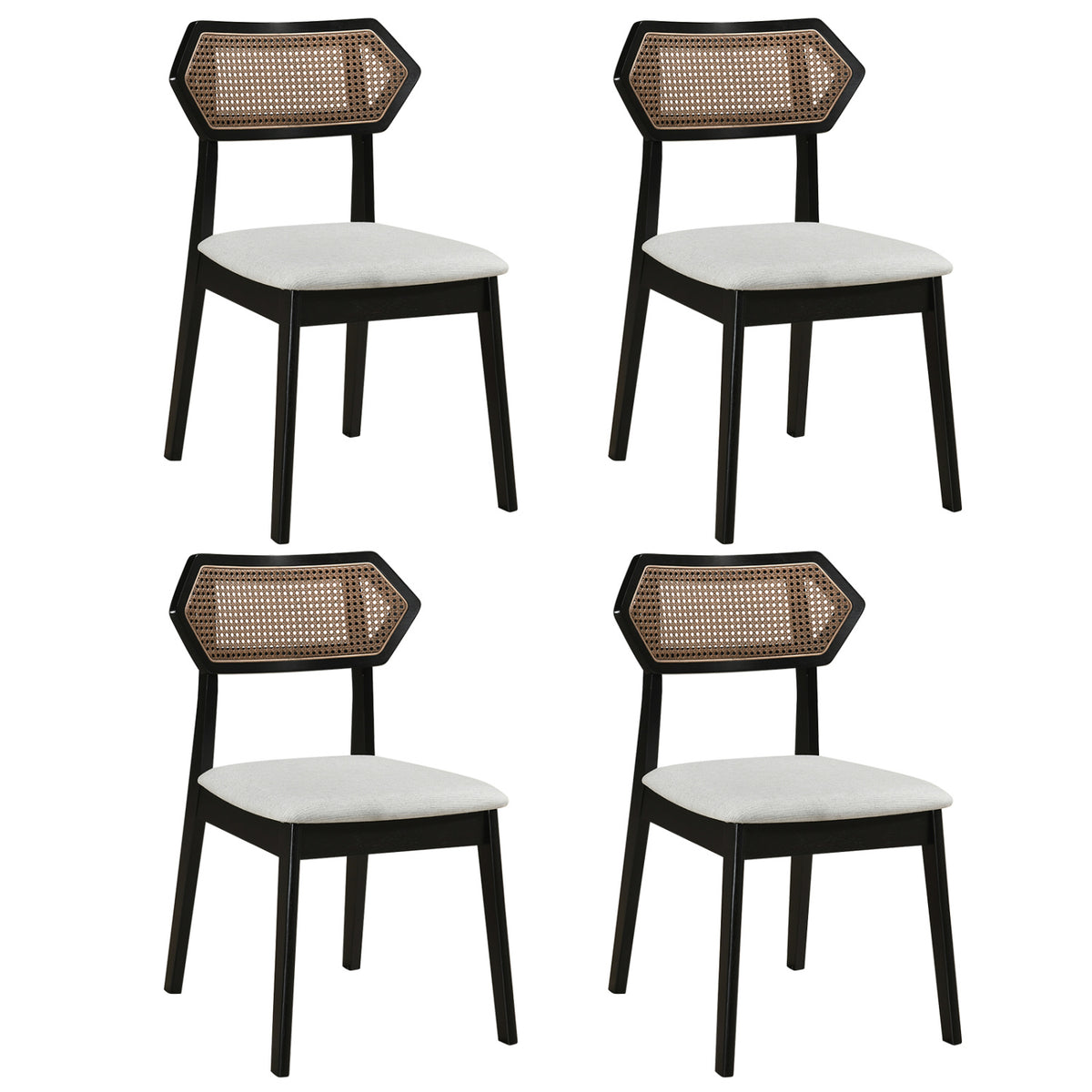 Mid Century Rattan Dining Chairs Set of 4 with Rattan Back-Black