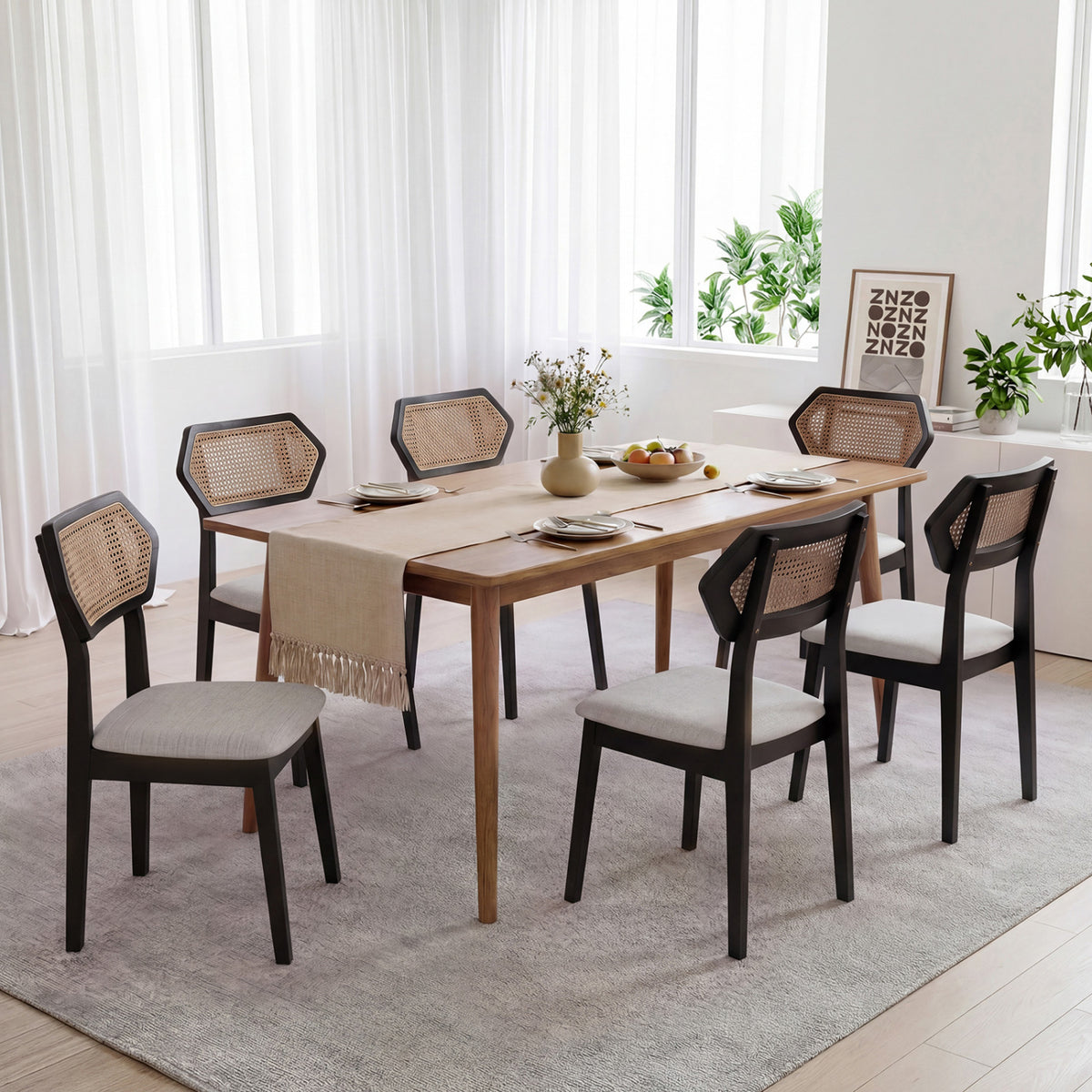 Mid Century Rattan Dining Chairs Set of 4 with Rattan Back-Black view 6
