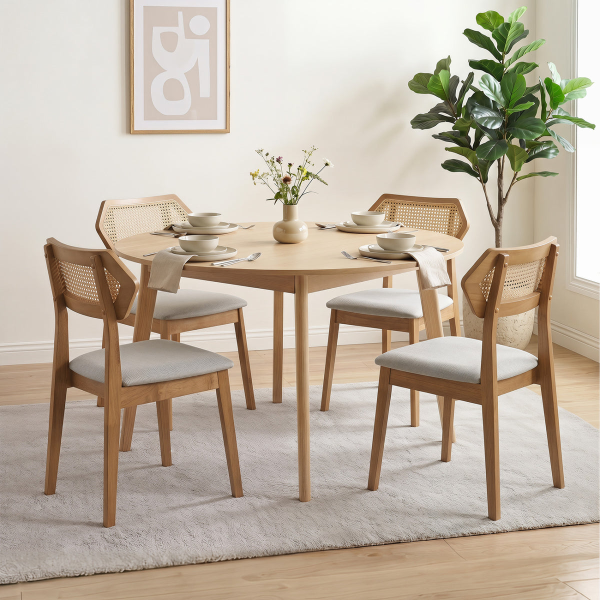 Mid Century Rattan Dining Chairs Set of 4 with Rattan Back-Natural view 2