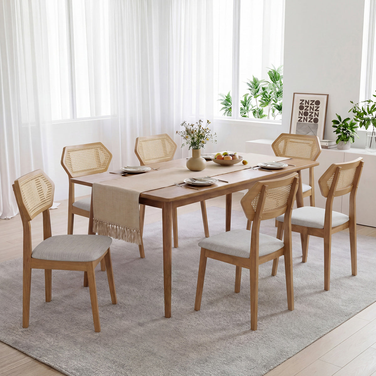 Mid Century Rattan Dining Chairs Set of 4 with Rattan Back-Natural view 6