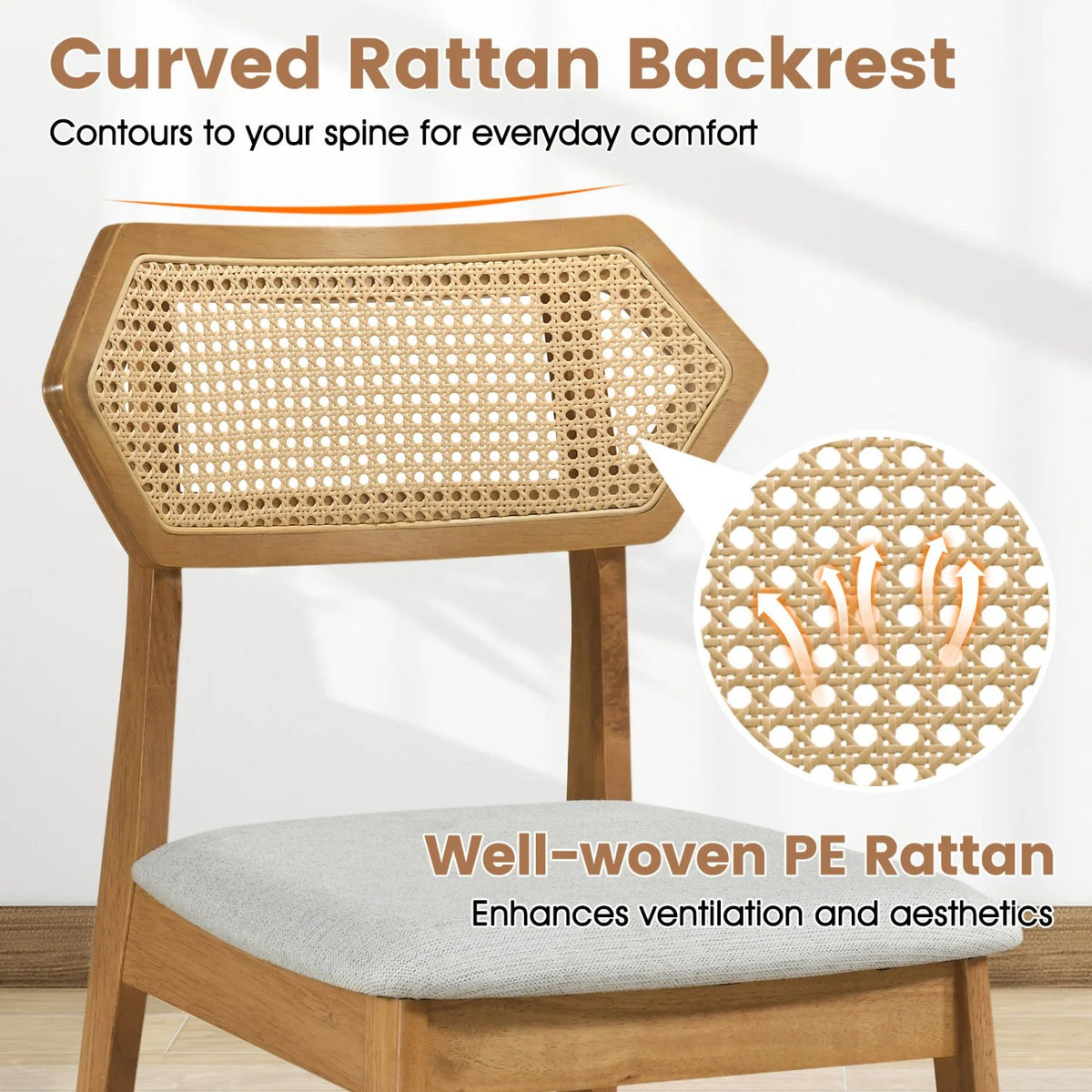 Mid Century Rattan Dining Chairs Set of 4 with Rattan Back-Natural view 7