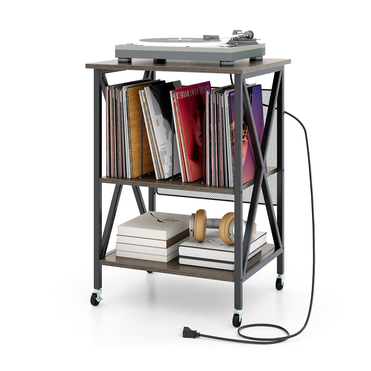 Mid-Century Record Player Stand with Built-in Charging Station-Gray view 4