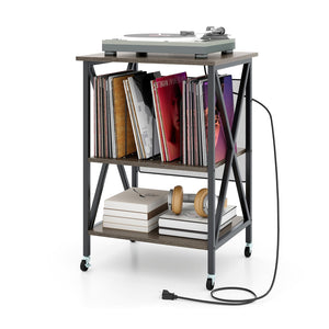 Mid-Century Record Player Stand with Built-in Charging Station-Gray view 4