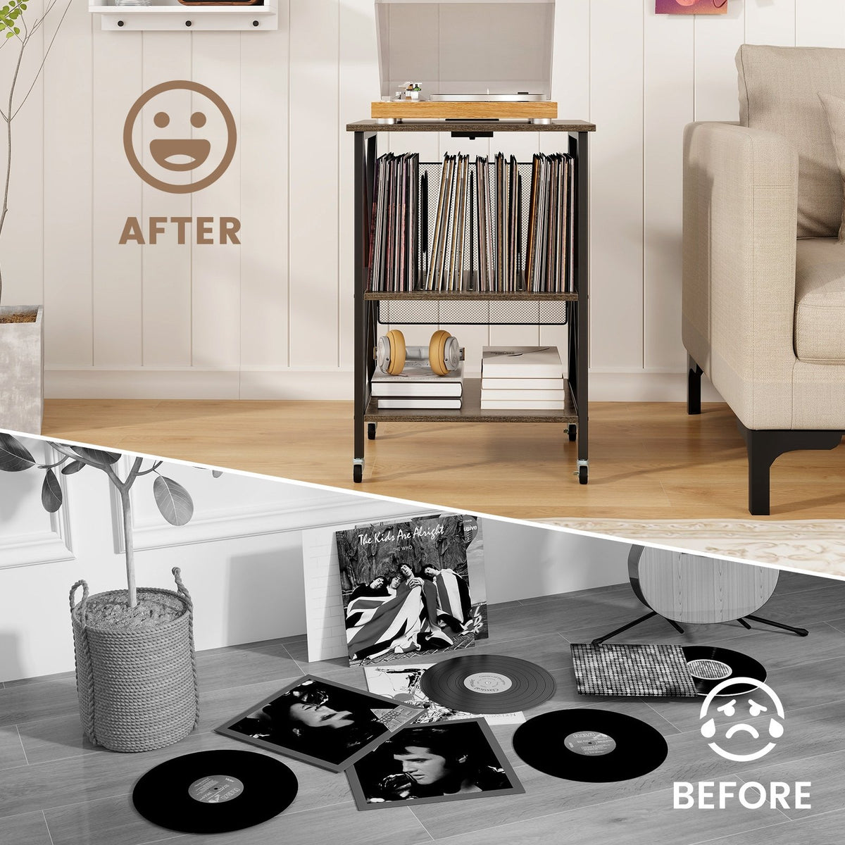Mid-Century Record Player Stand with Built-in Charging Station-Gray view 8