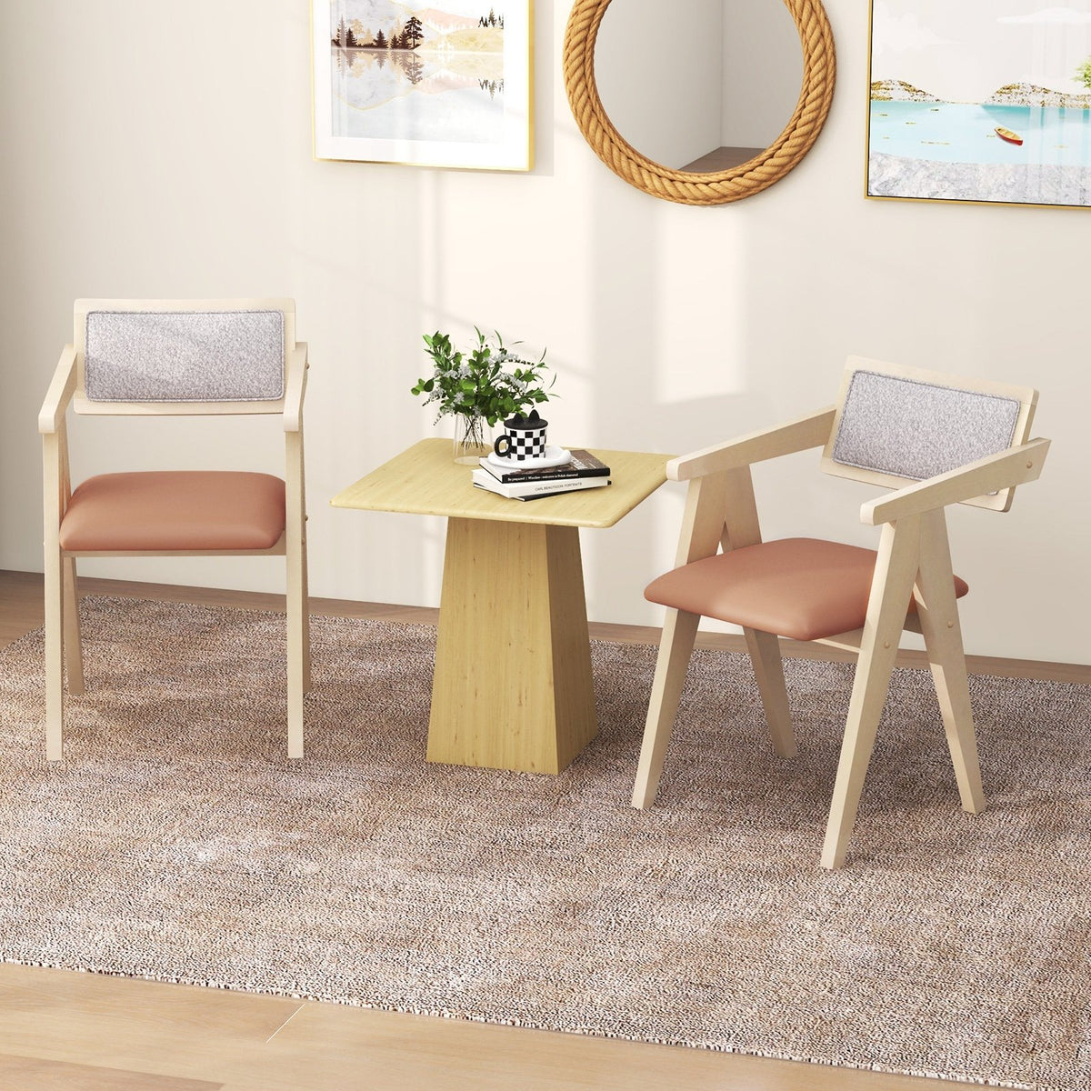 Mid Century Wooden Accent Chairs with Leathaire Seat Cushions Set of 2-Beige view 2